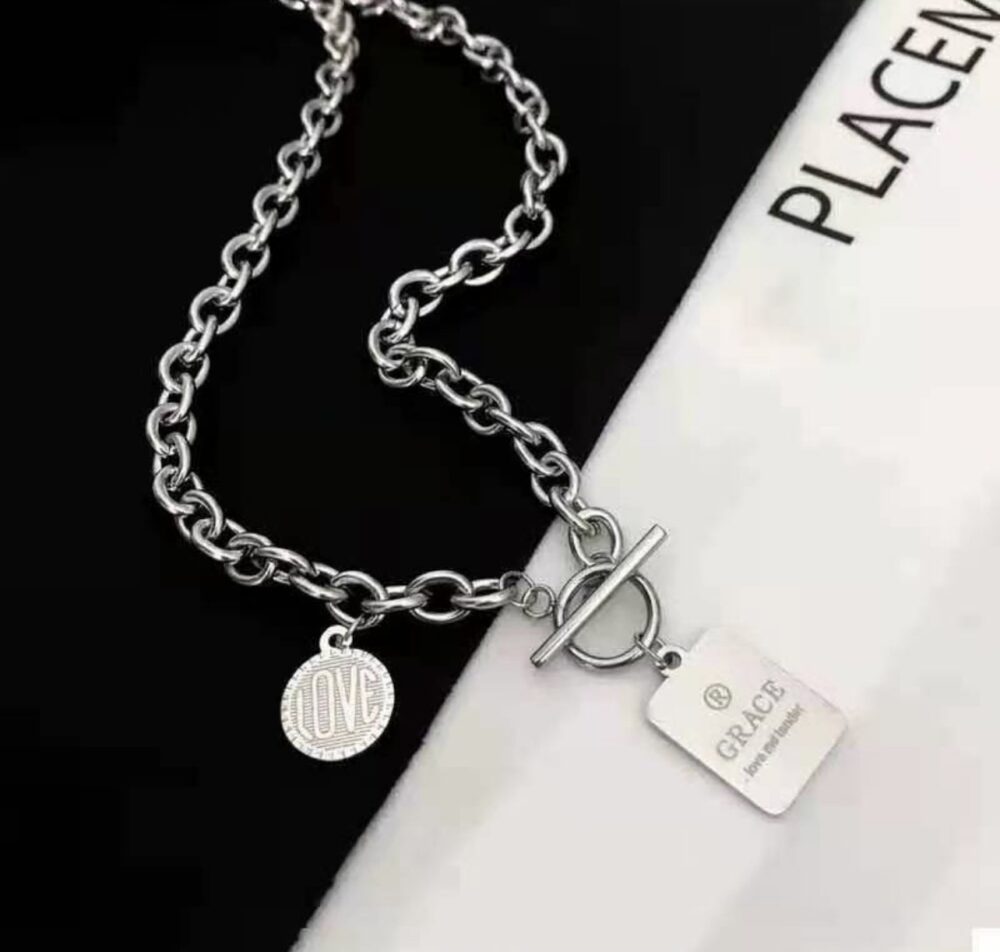 ZNT067ft Grace Square Love Round Bold Chain Toggle Bar Necklace Surgical Steel