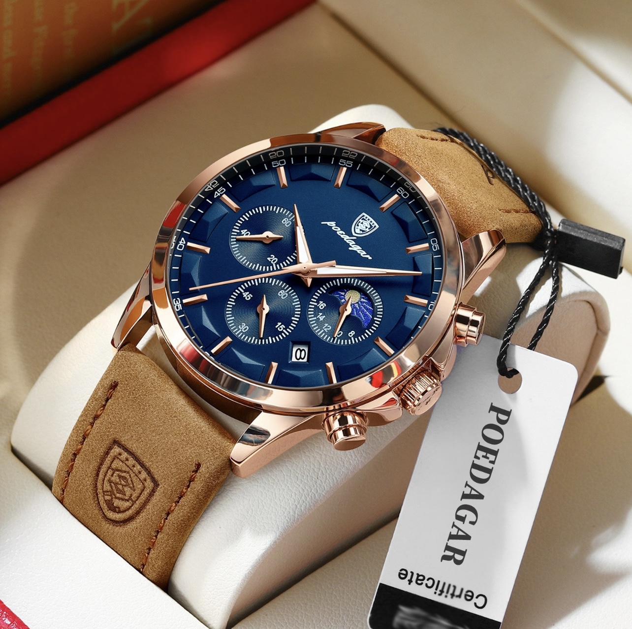 Men's Casual Leather Watch, Big Face Chronograph Watch for Men, Fashion