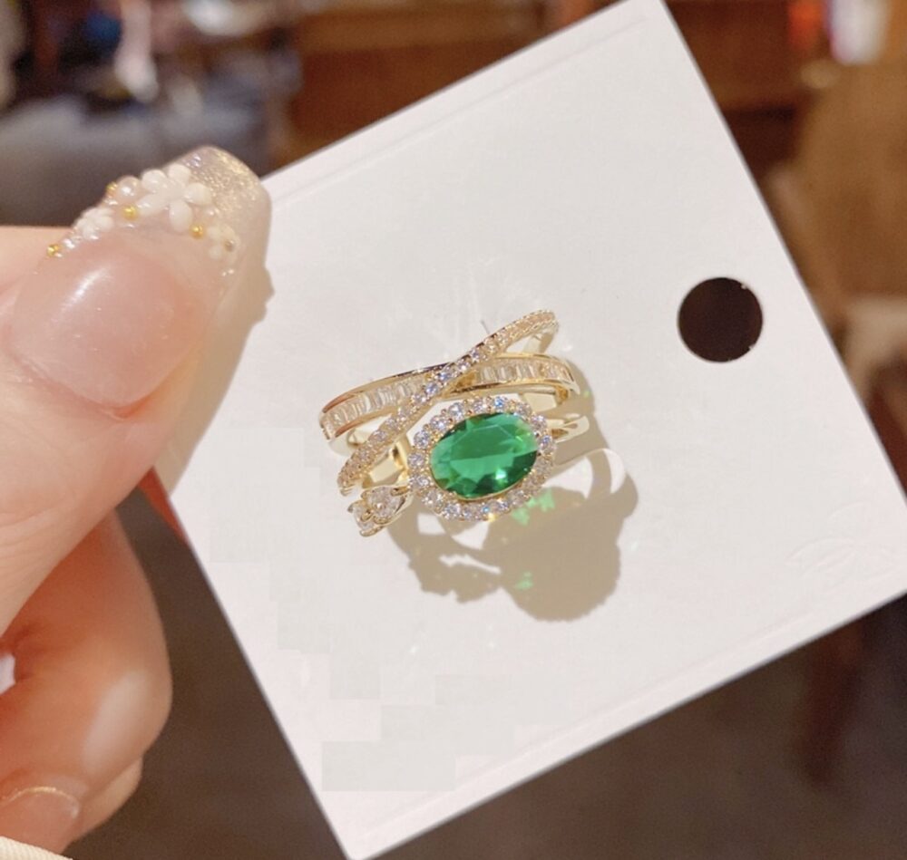 Jewelry 14K High Quality Green Crystal Adjustable Open Ring JZ-1101